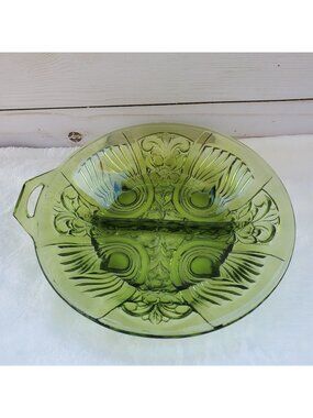 Vintage Indiana Glass 1960s Green Killarney Pattern Divided Relish Dish MCM